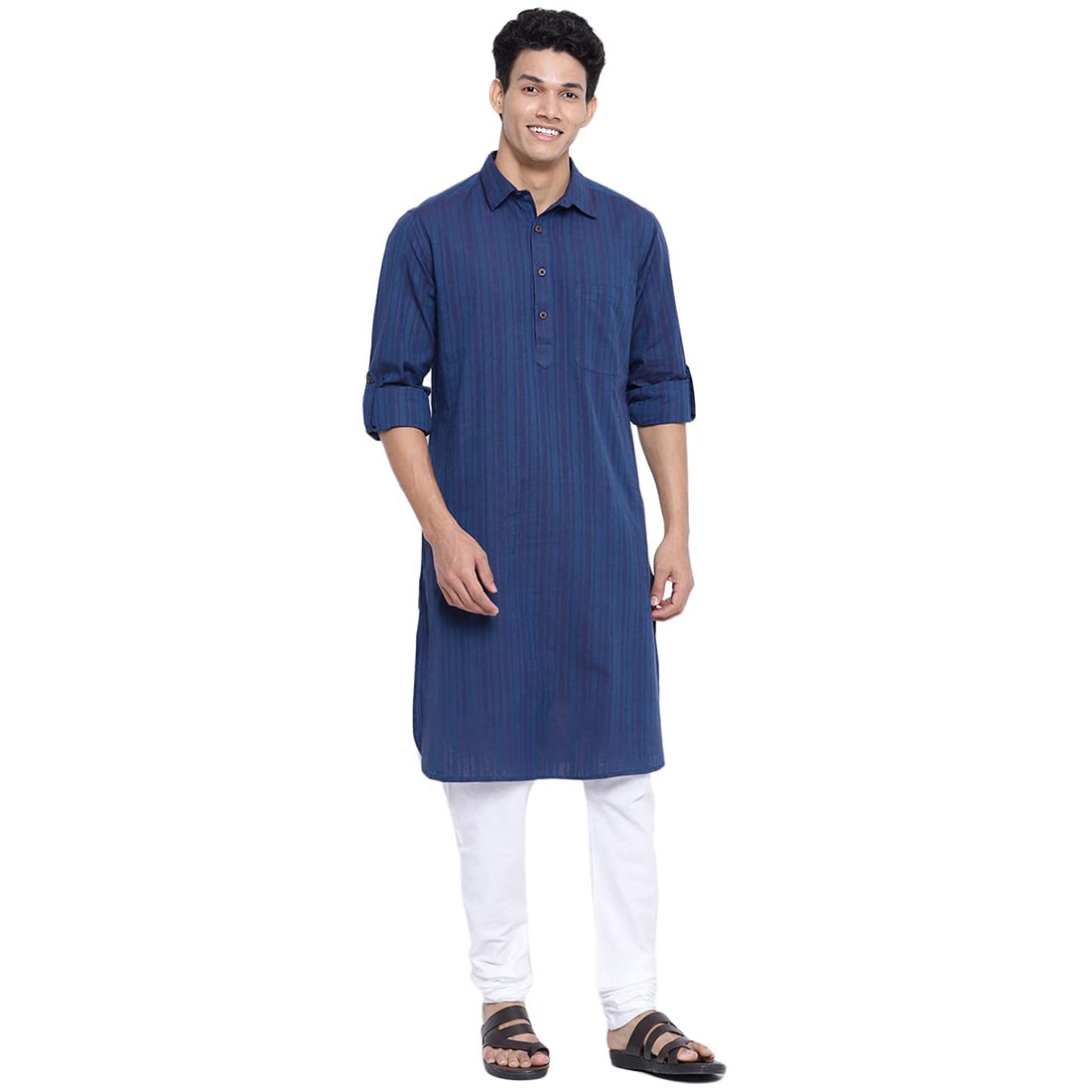 Fabindia Men Cotton Striped Pathani Kurta Navy_M
