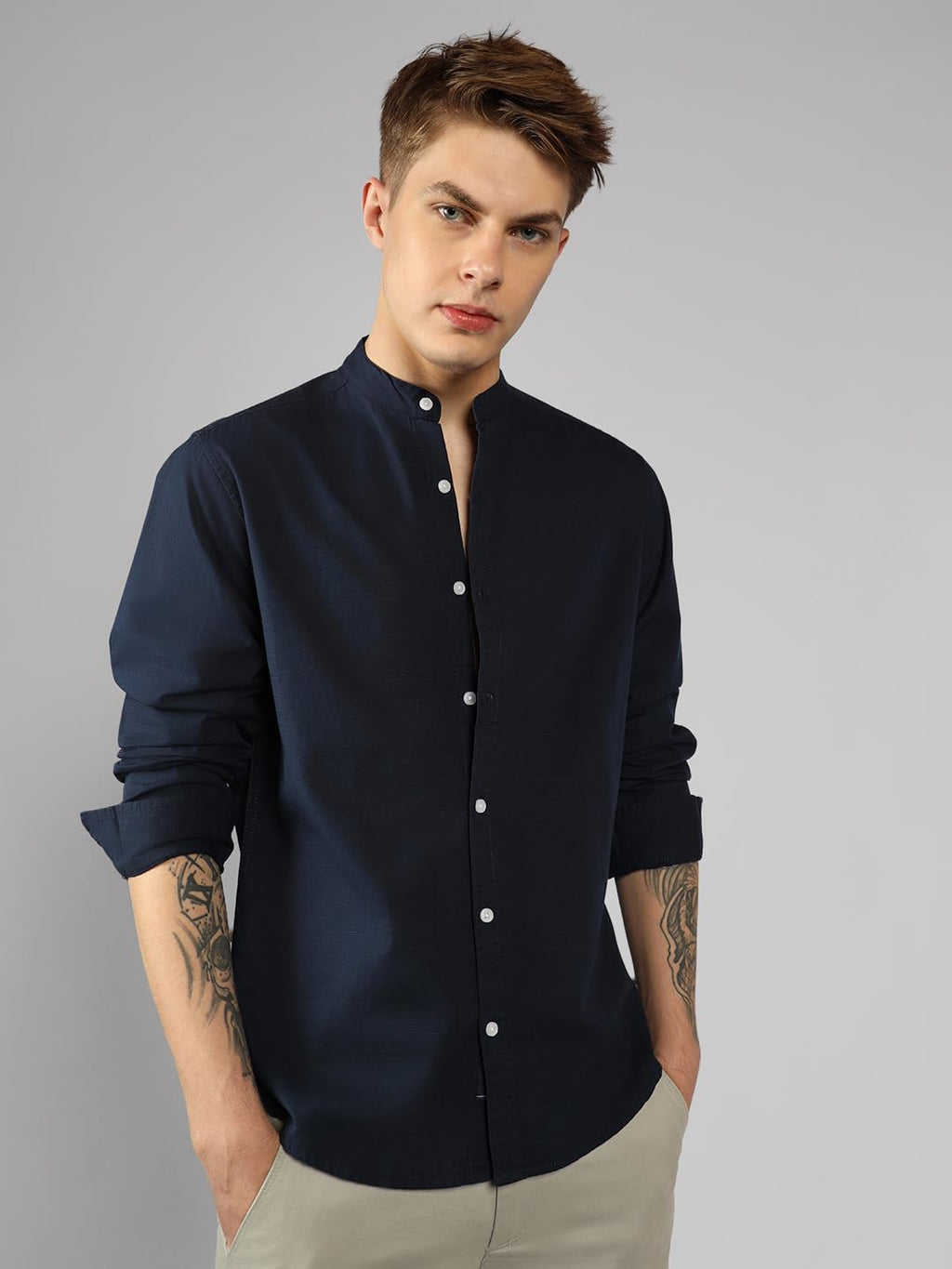 Dennis Lingo MenS| Dark Blue| Full Sleeve| Mandarin Collar| Solid| Relaxed Fit| Casual Shirt