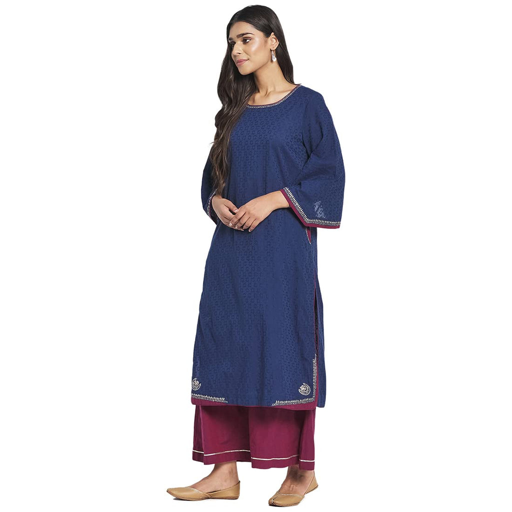 Fabindia Women Cotton Embroidered Slim Fit 2 Piece Kurta Set Blue