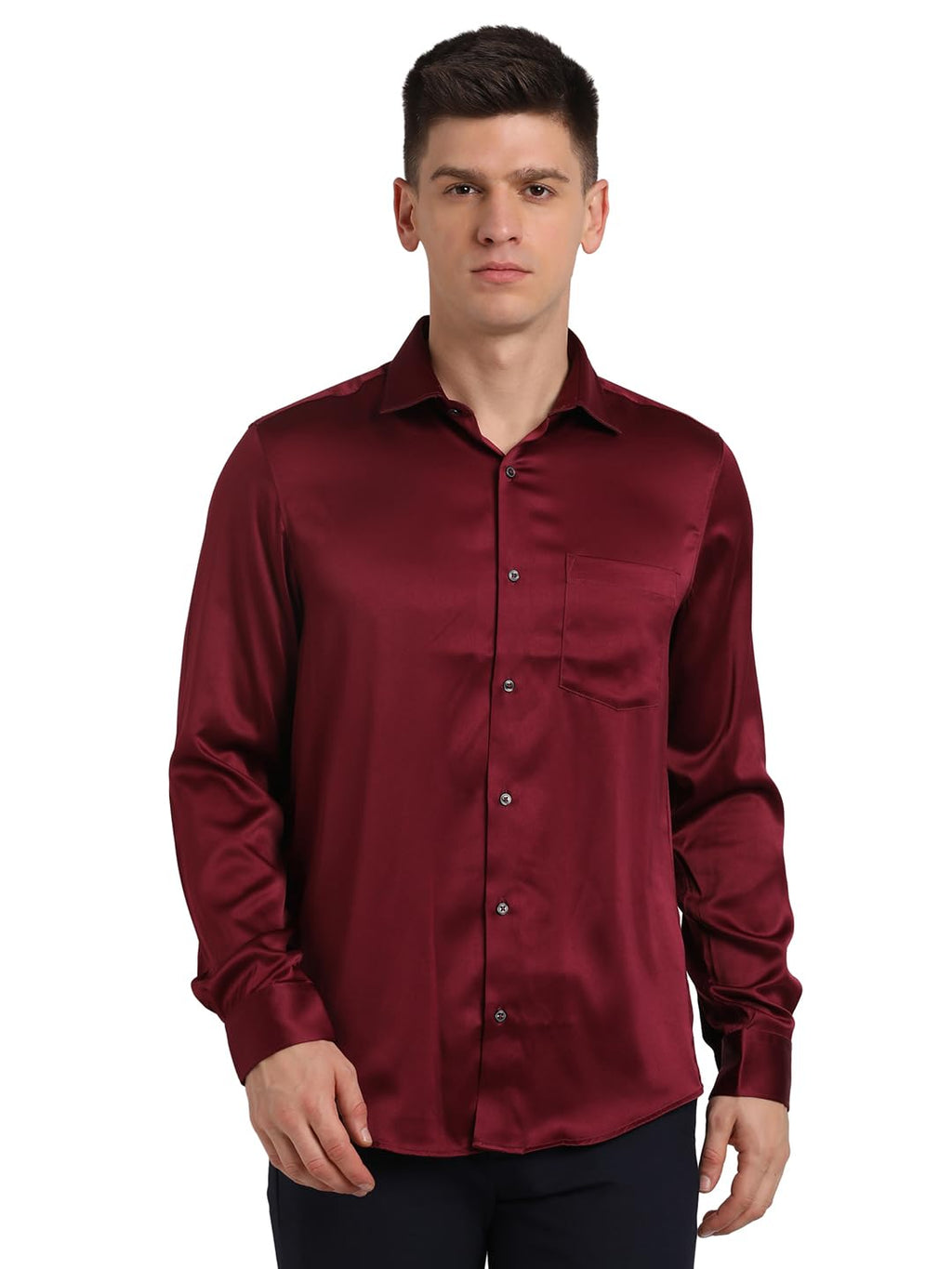 Turtle Men Poly Satin Slim Fit Red Solid Party Shirt