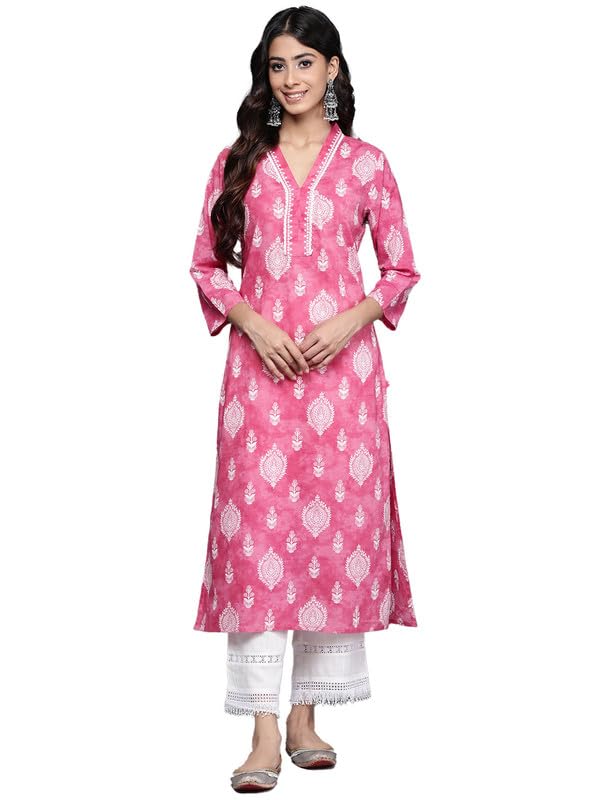 Varanga Women Pink V-Neck Collared Kurta with 3/4th Sleeves, White Prints & Lace Detailing Around Neck (Extra Large)