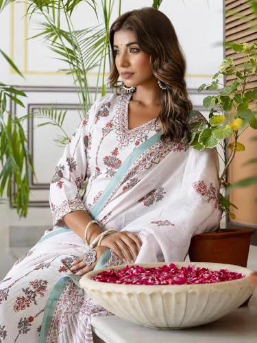 Tee Projekt WomenS Cotton Blend V Neck Printed Straight Kurta Pant With Dupatta Set Off White