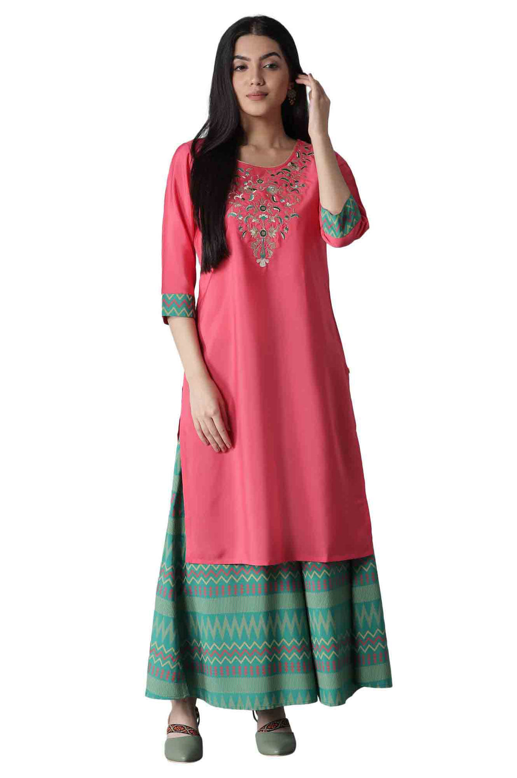 Pink Embroidered Solid Straight Kurta-Culottes Set