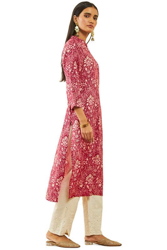 Soch Womens Onion Pink Muslin Floral Print Straight Kurta With Sequin Embellishments