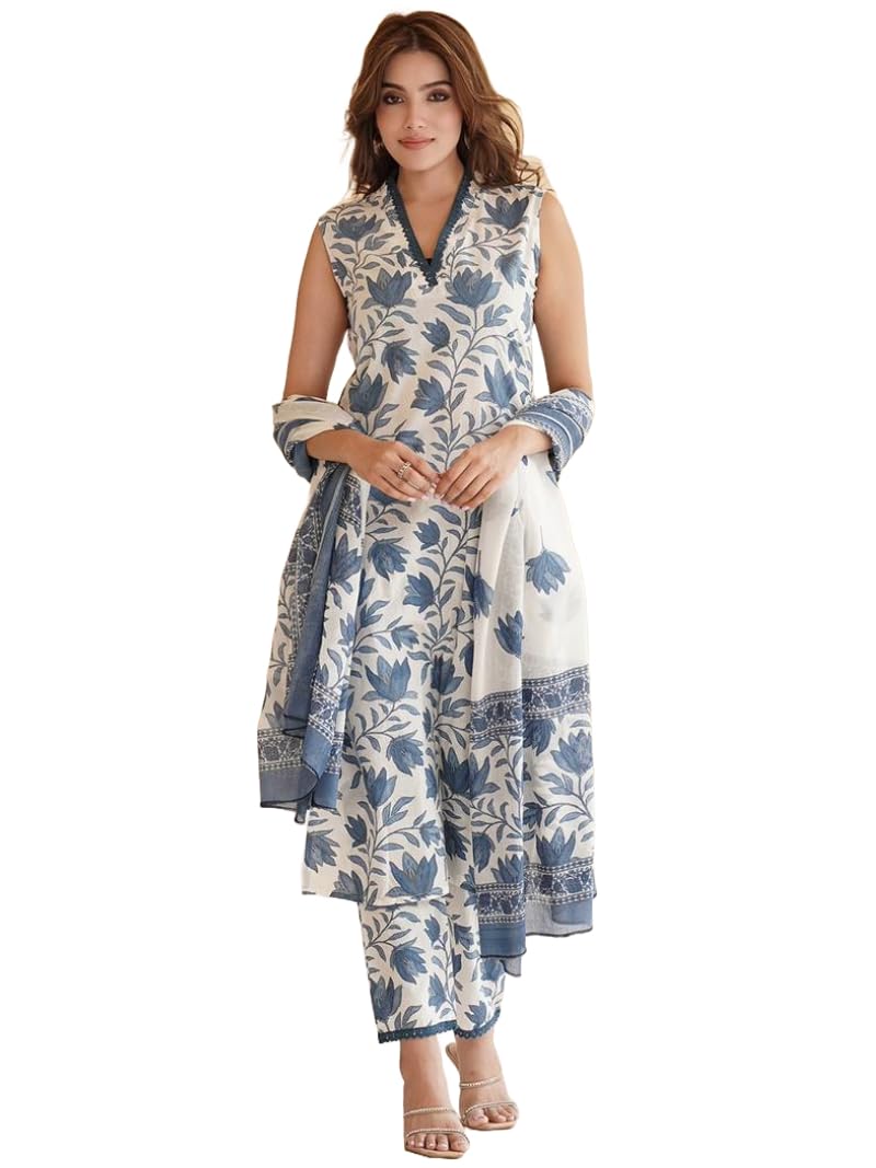 ANNI DESIGNER Womens Cotton Blend Printed Straight Kurta with Pant & Dupatta (Root White_XL_White_X-Large)