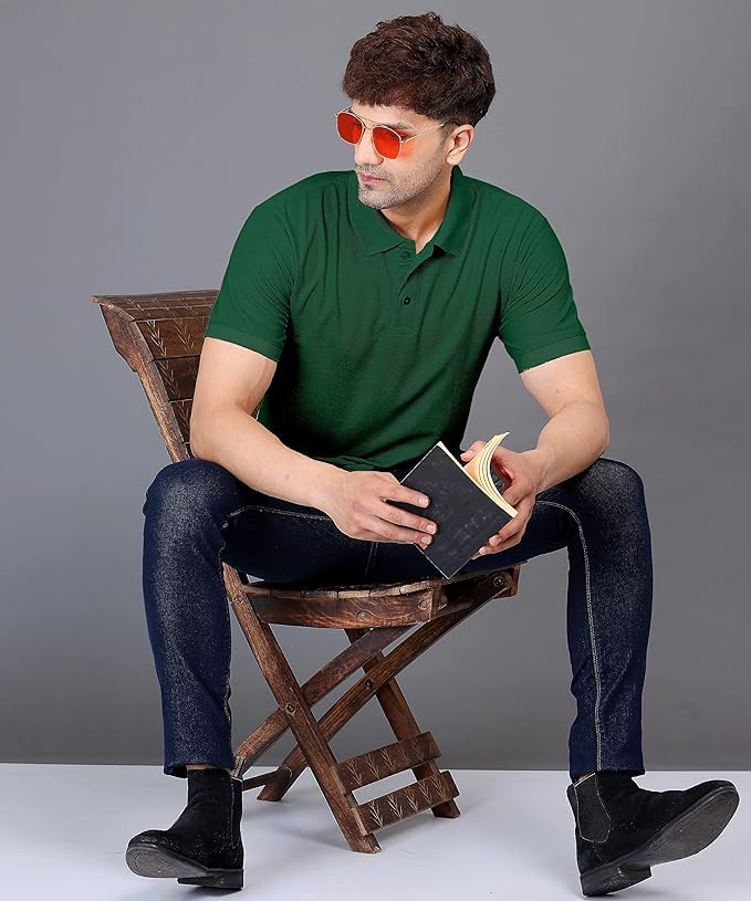 Hoodmastar MenS Polyester T Shirt With Half Sleeves Polo Collared Neck Solid Pattern Regular Fit And Standard Length Bottle Gre