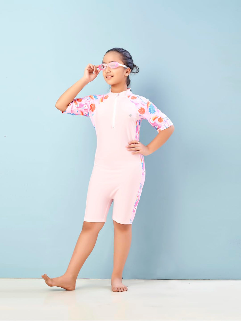 Aarika Girls Sports Wear Pink Colour Floral Print Nylon Swim Suit (4-15 Years)-(SW-SHM-AB-617)