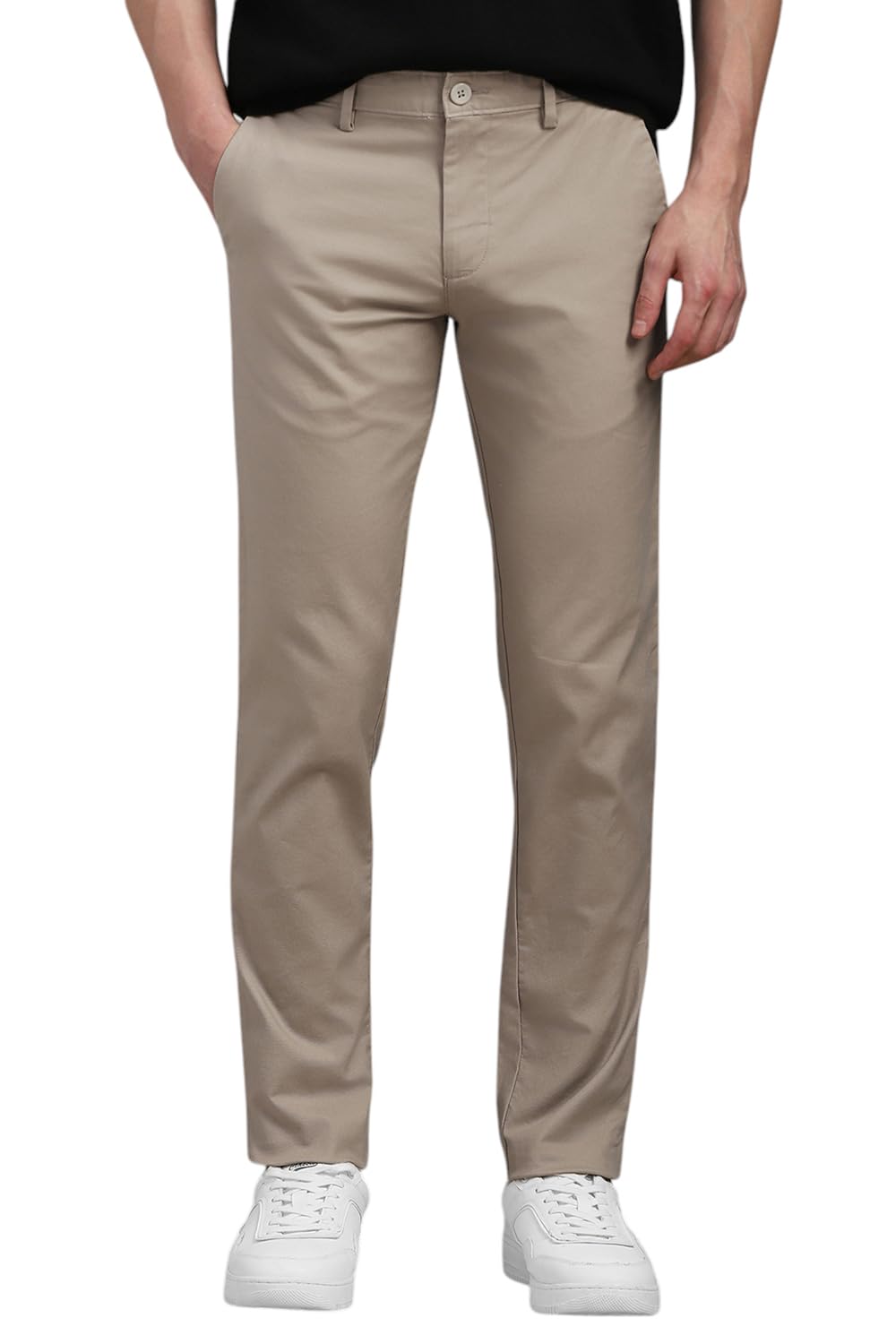 Men Beige Smart Fit Solid Flat Front Casual Trousers