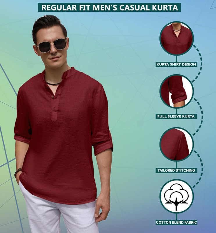 Royalscout MenS Cotton Polyester Blend Solid Regular Fit Full Sleeve Short Kurta Maroon