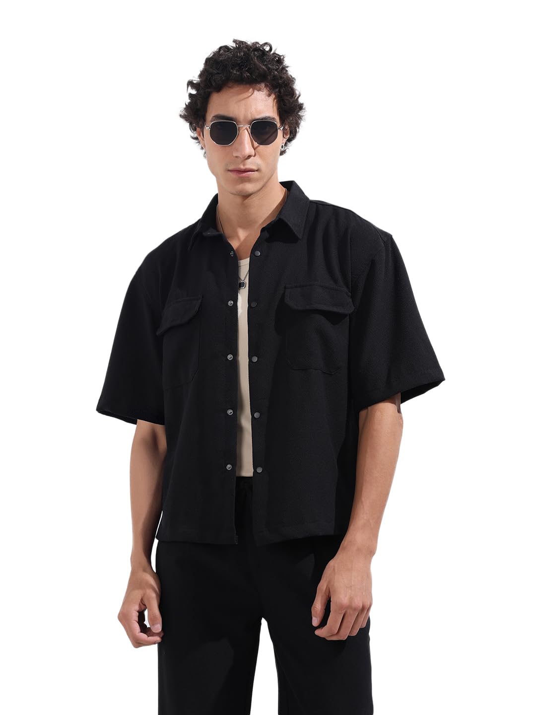 The Indian Garage Co Mens Boxy Textured Cutaway Collar Half Sleeves Shirt