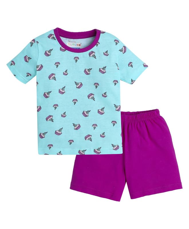 BUMZEE Sky Blue & Purple Girls Half Sleeves T-Shirt & Short Set Age - 6-12 Months (Peb8297C-sbl.prp)