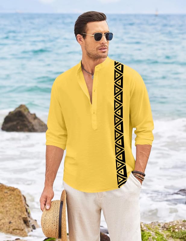 Finivo Fashion MenS Short Kurta With Printed Geometric Side Panel | Cotton Blend Full Sleeve Ethnic Topwear With Mandarin Collar