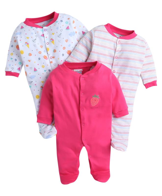 BUMZEE Pink & Multi Baby Girls Full Sleeves Sleepsuit Pack of 3 Age - New Born (Peb10051A-pnk)