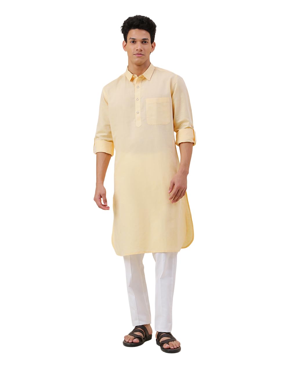 Fabindia Yellow Linen Comfort Fit Pathani Kurta