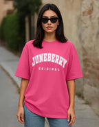 Juneberry 100% Pure Cotton Oversized Drop Shoulders Brand Logo Typography Print Round-Neck Relaxed Fit Pink T-Shirt For Women (J