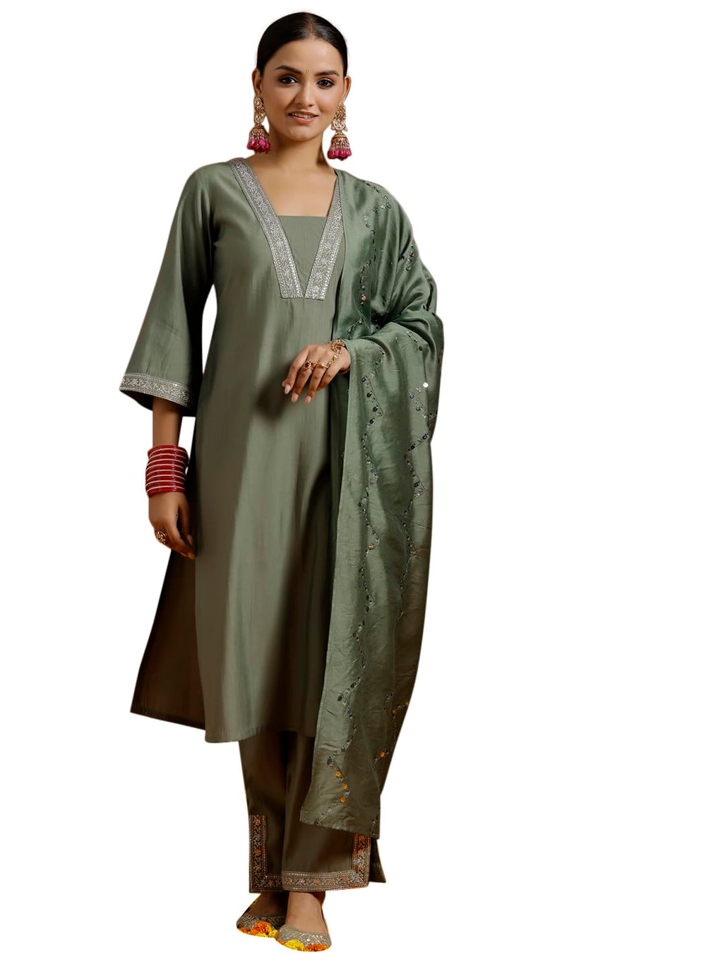Gerua By Libas Womens Yoke Design Silk Blend Straight Kurta With Trousers And Dupatta