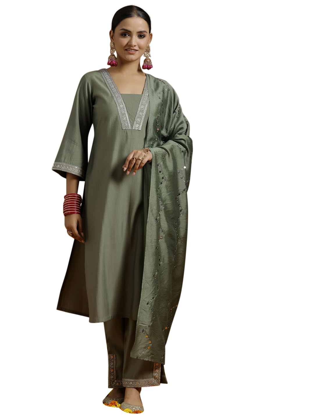 Gerua By Libas Womens Yoke Design Silk Blend Straight Kurta With Trousers And Dupatta