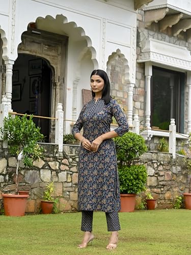 ANNI DESIGNER Womens Rayon Blend Straight Printed Kurta with Pant (OMMY Blue_L_Blue_Large)
