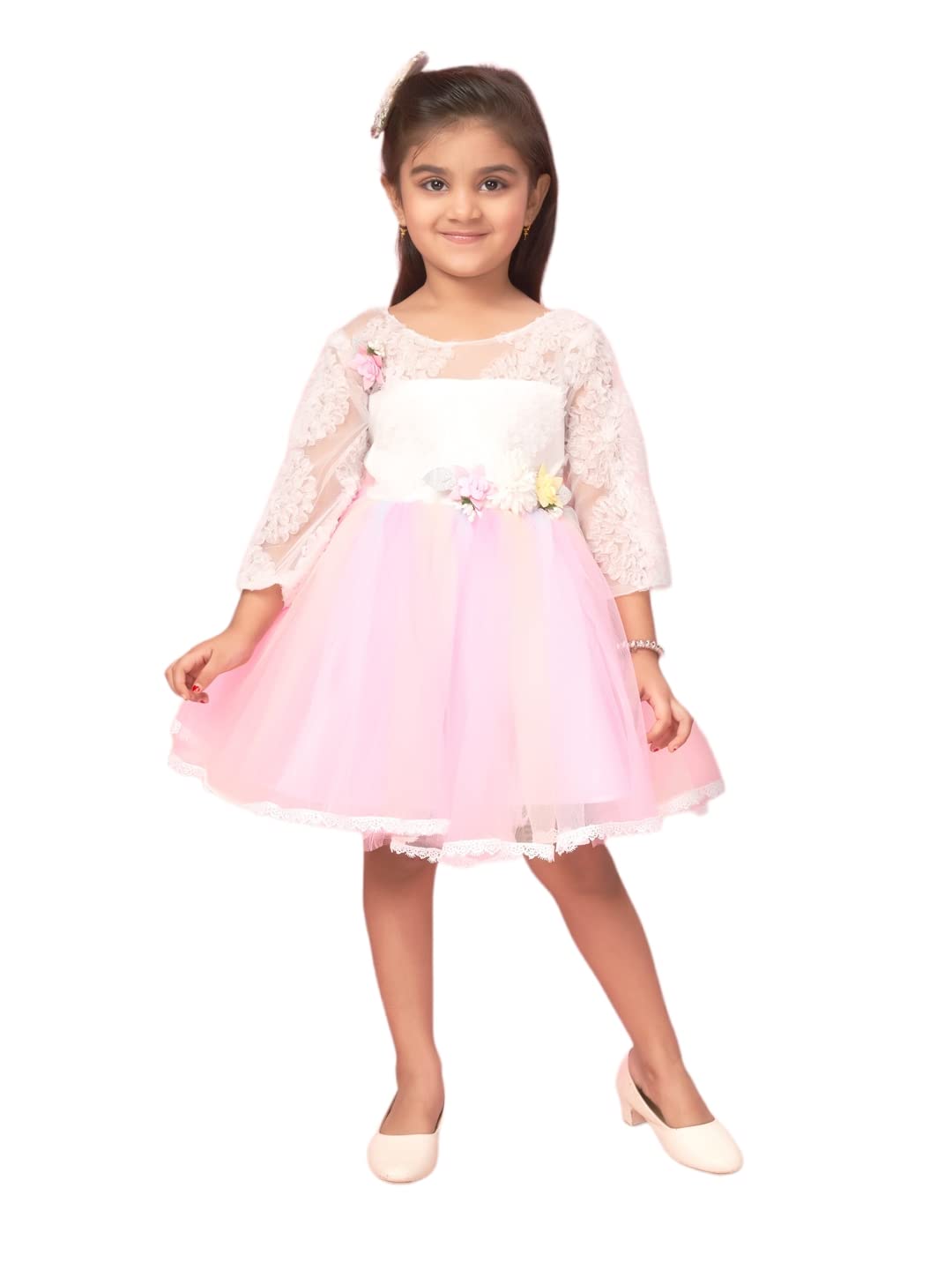 Aarika Girls Net Fit and Flare Knee-Length Dress (New_FK-16013_Pink