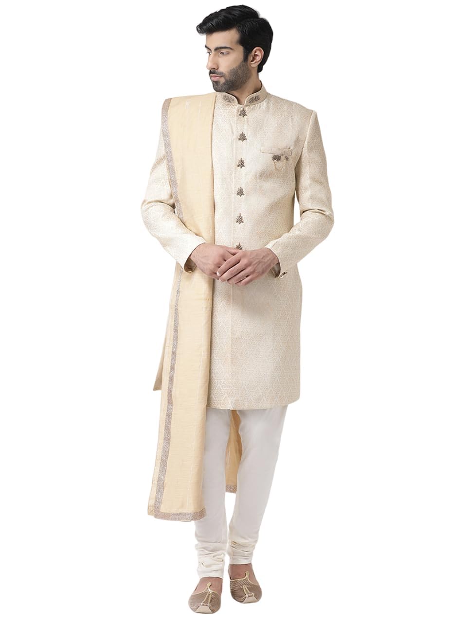 Kisah MenS Indo-Western Sherwani Churidar With Dupatta Set, Cream Brocade Woven Design Regular Fit Mandarin Collar Full Sleeves