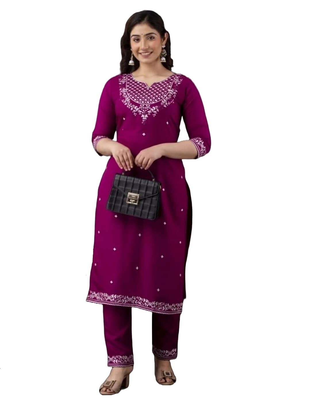 Yashika Women Kurta Set in Solid Purple Color and Pure Rayon Fabric With Pant, Purple, XL