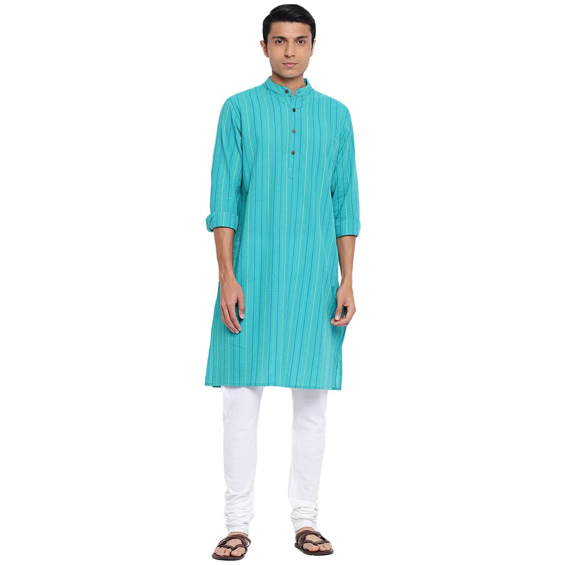 Fabindia Men Cotton Dobby Printed Long Kurta Teal_S
