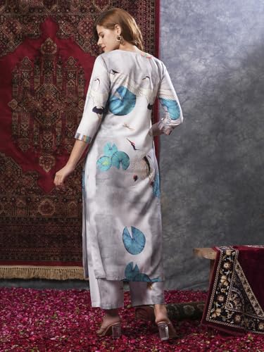 ANNI DESIGNER Womens Cotton Blend Straight Printed Kurta with Palazzo (Swans Grey_XL_Grey_X-Large)