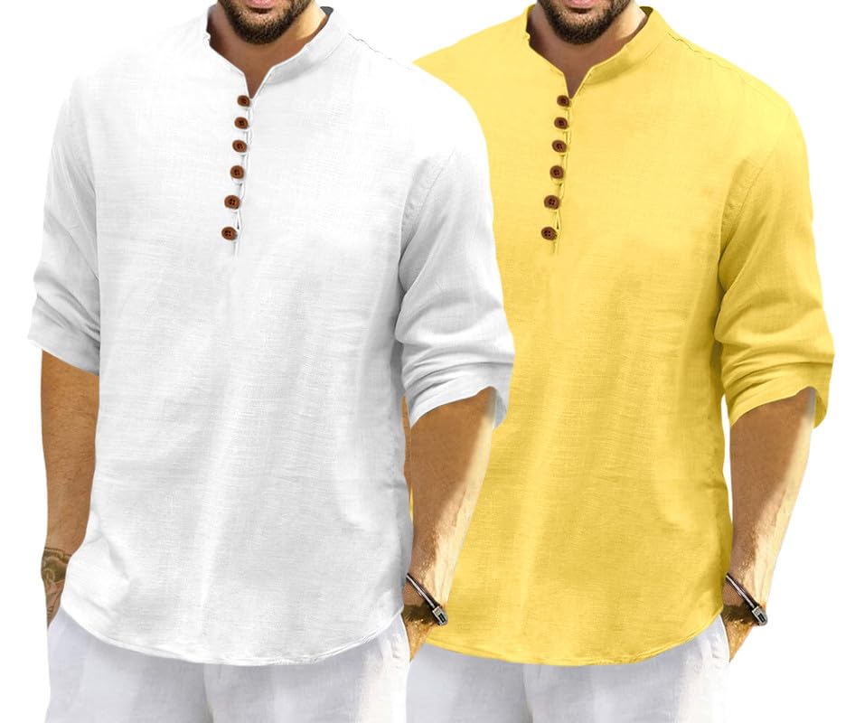 Macsivo MenS Cotton Blend Kurta | Band Collar | Casual | Plain | Formal | Full Sleeve | Summer | Regular Fit - (Combo Pack Of 2