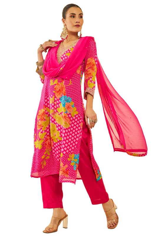 Soch Women Chinon Floral Printed Suit Set with Zardosi & Sequins