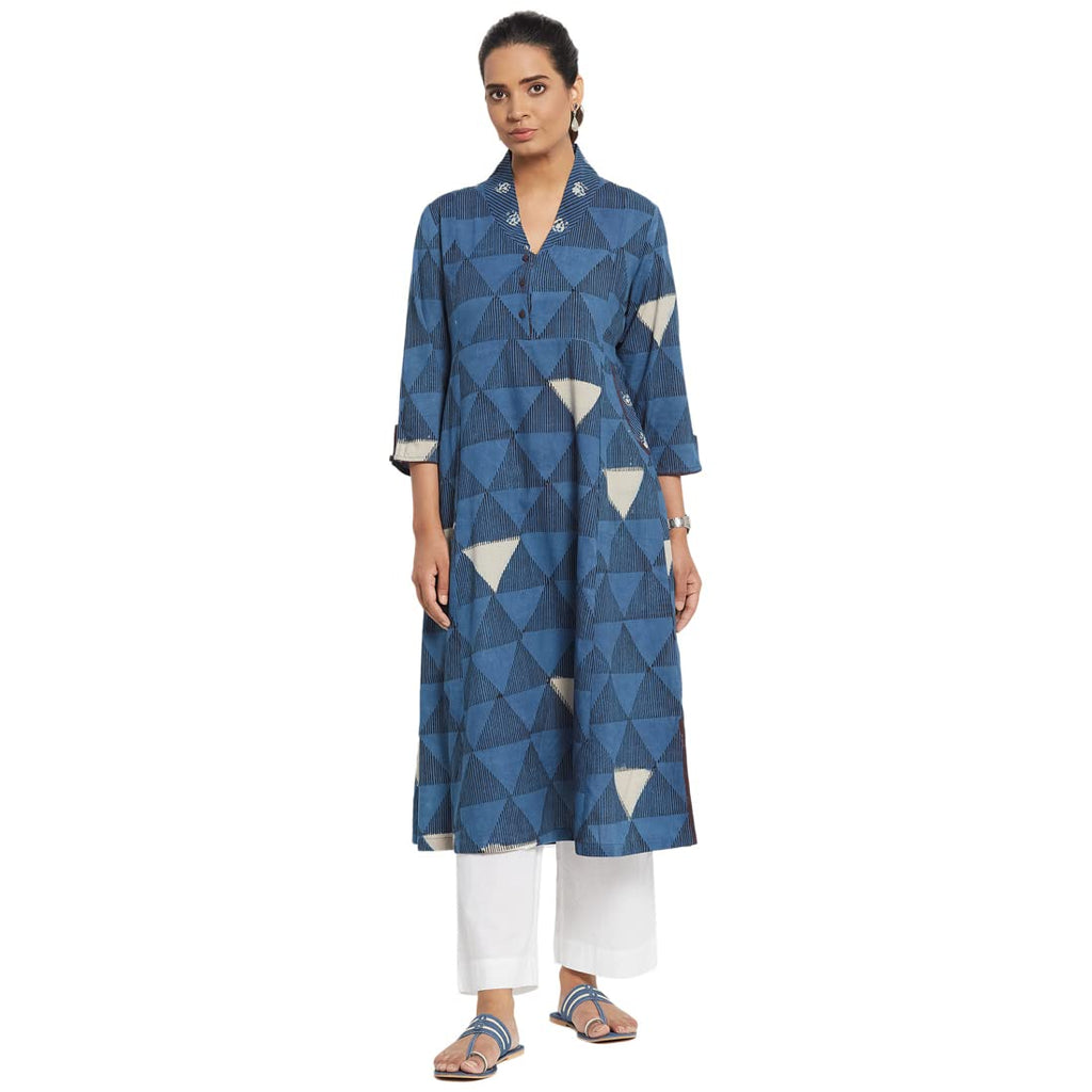 Fabindia Women Printed Straight Long Kurta Cotton_Xs Blue