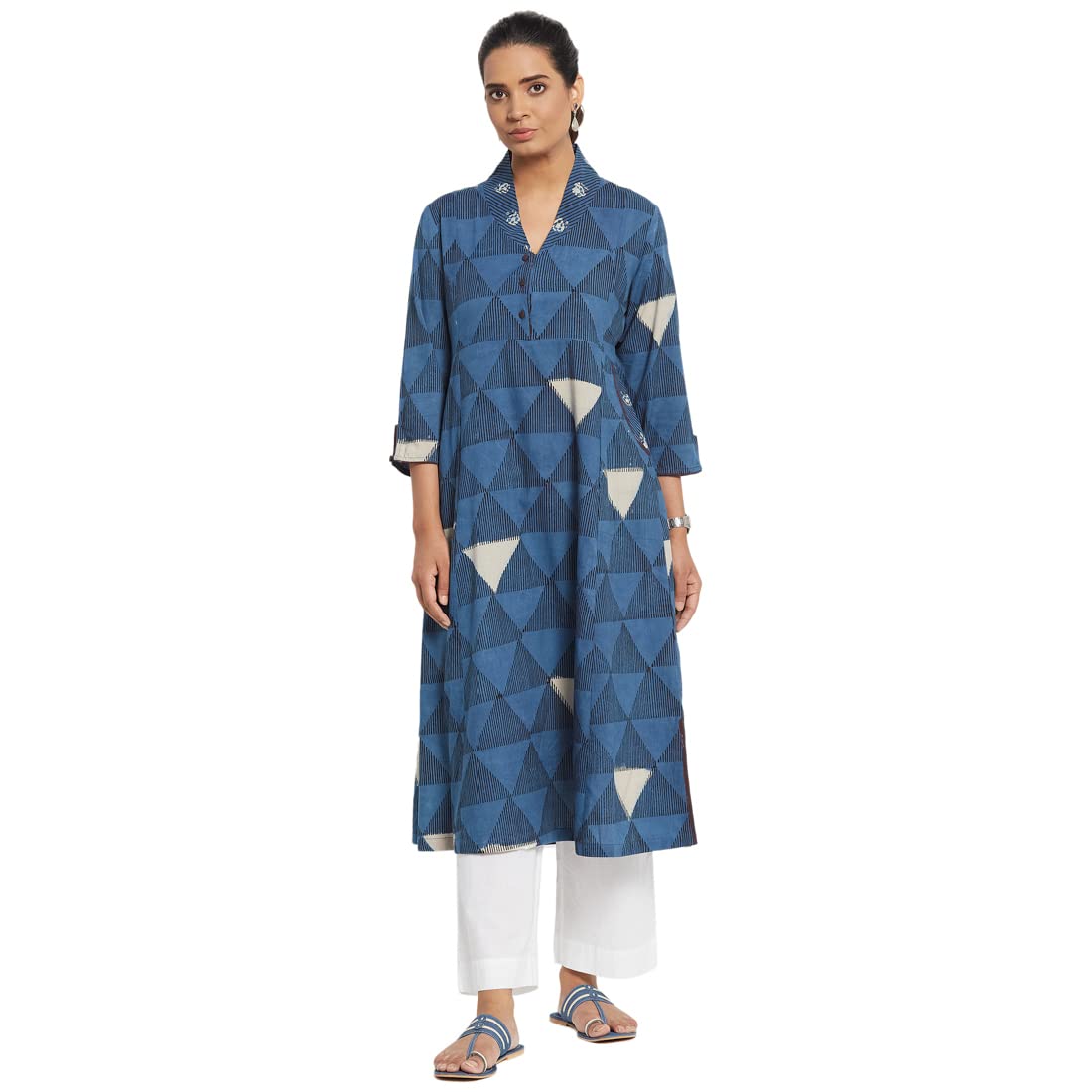 Fabindia Women Printed Straight Long Kurta Cotton_S Blue, Regular Fit, Small