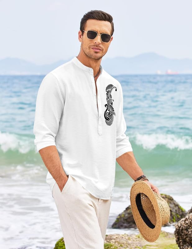 Finivo Fashion MenS Printed Cotton Blend Short Kurta With Artistic Chest Design | Stylish Full Sleeve Casual Kurta With Mandarin