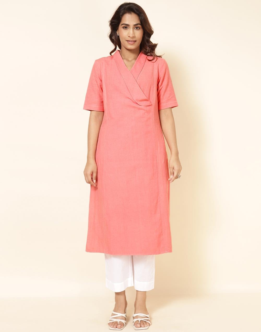 Fabindia Womens Cotton Linen Solids Slim Kurta (2113434CORAL_Coral