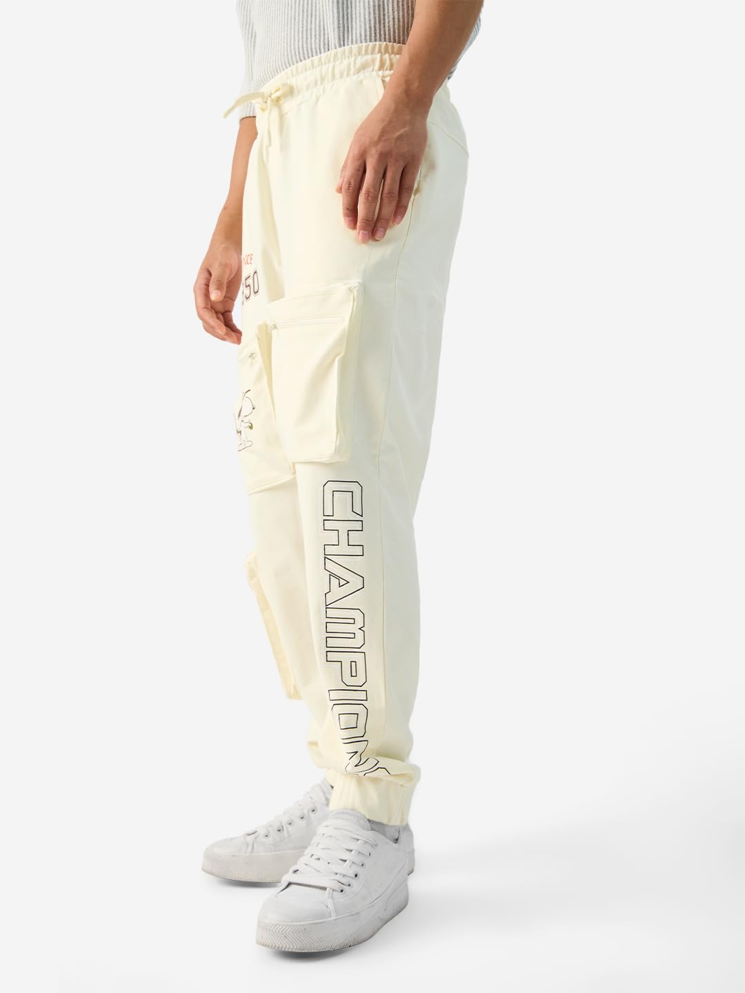 The Souled Store Official Peanuts: Comics Street Champ Men and Boys Drawstring Off-White Oversized Joggers Casual Lounge Fashion