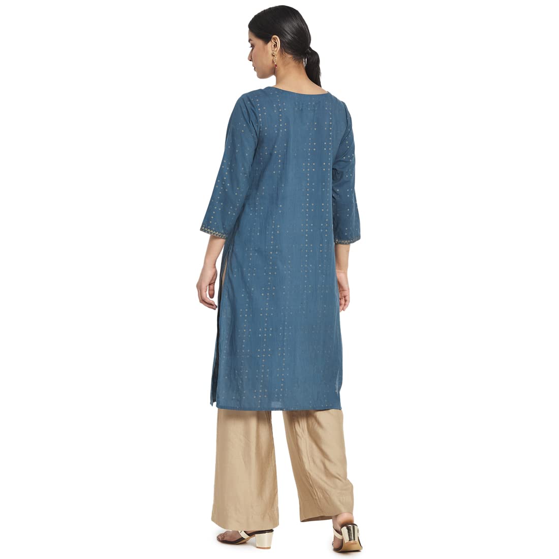 Fabindia Teal Cotton Printed Knee Length Kurta