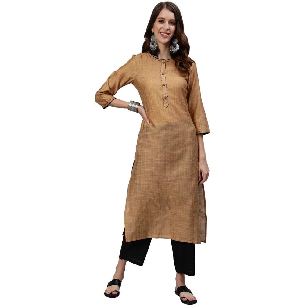 Anubhutee Women'S Cotton Beige Woven Design Sequinned Straight Kurta Suit Set With Pants