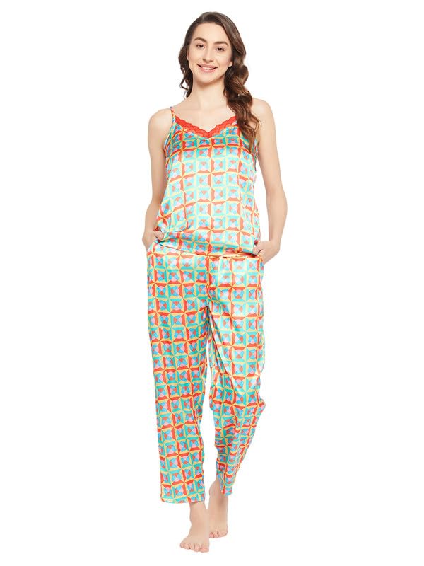 Clovia Womens Satin Emoji Print Cami Top & Pyjama Set (LS0560A19_Multi_S) Multicolour