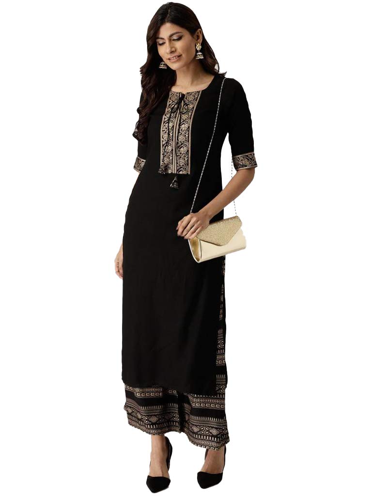 Gosriki Women'S Rayon Solid Printed Kurta With Palazzos (Black,Xl)