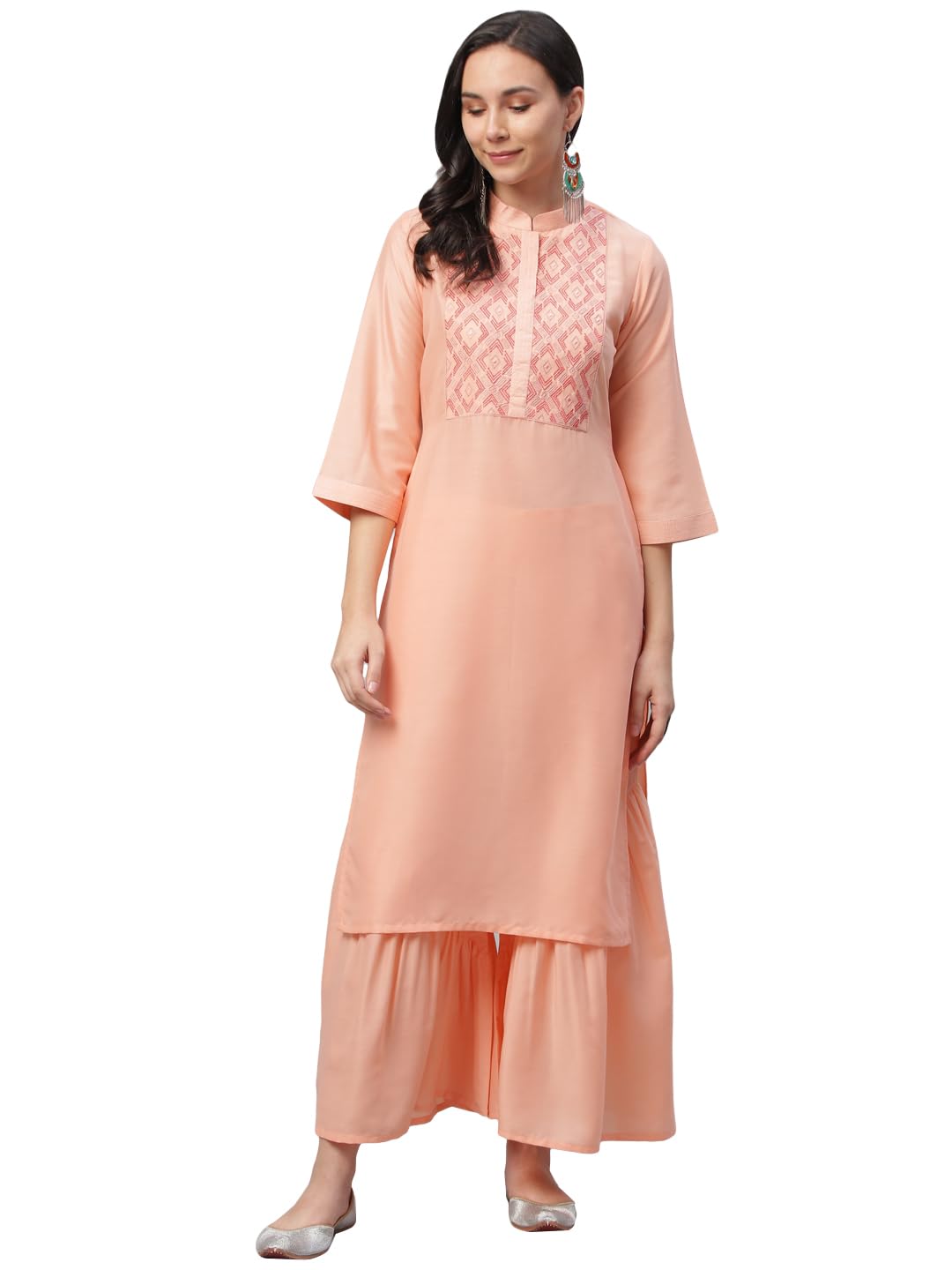 Libas Womens Embroidered Crepe Straight Kurta For Women Peach
