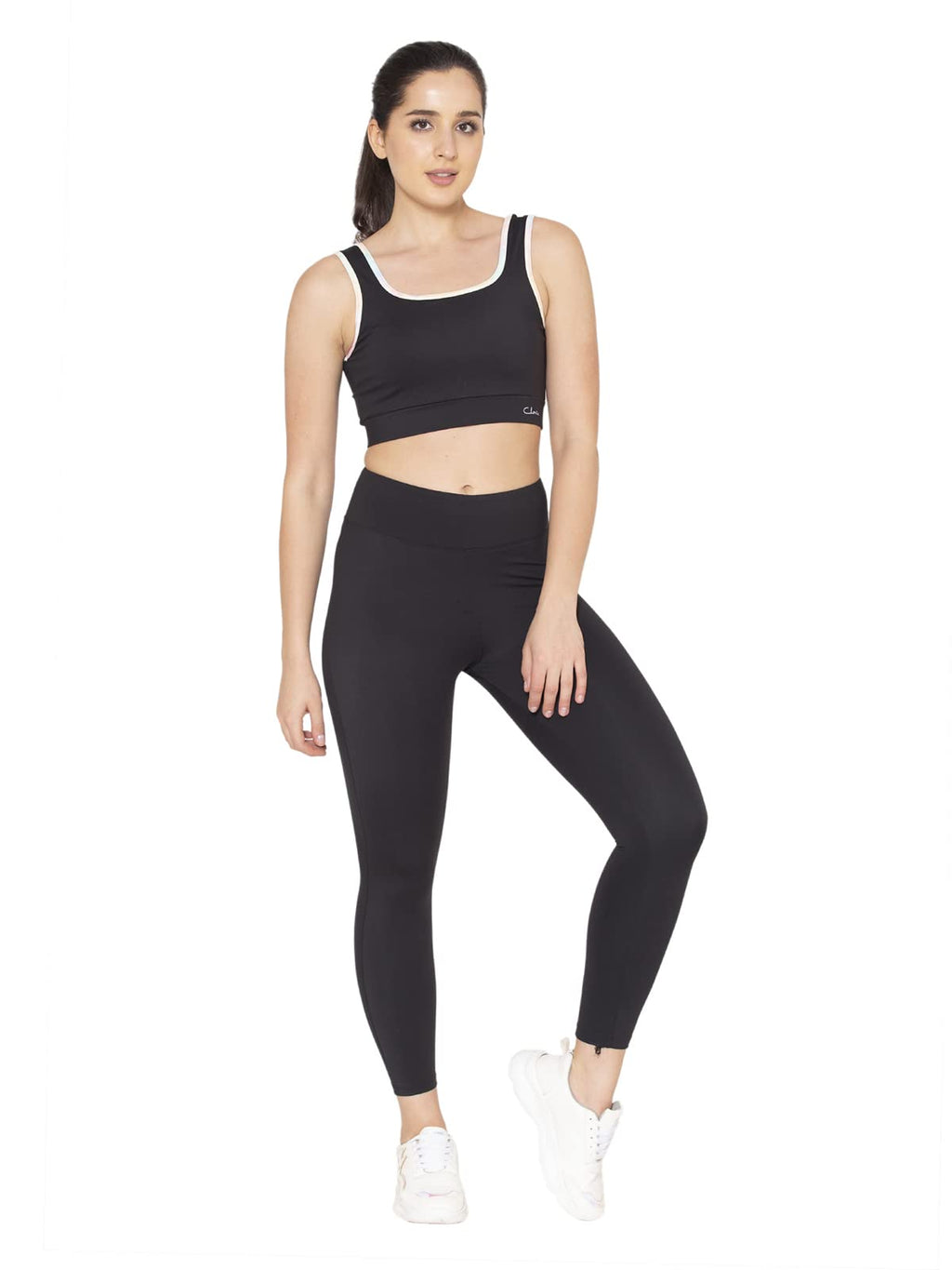 Clovia Womens Nylon Medium Impact Padded Non-Wired Casual Style Sports Bra With Removable & Sports Tights Set (Combat153_Black_