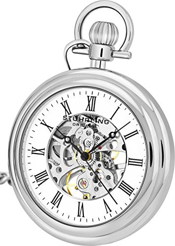 Stuhrling Original Mens Vintage Mechanical Pocket Watch - Stainless Steel Pocket Watch with Chain Analog Skeleton Watch Hand Win