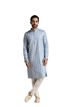 Manyavar Mens Kurta Only, Ethnic Kurta For Men, Full Sleeves Mandarin Collar Wave Blended Cotton Kurta Only Grey