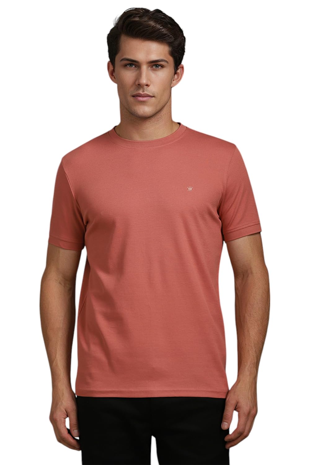 Louis Philippe Men Peach Textured Crew Neck T-Shirt