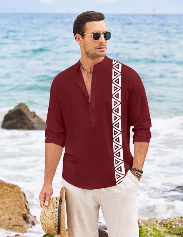 Finivo Fashion MenS Short Kurta With Printed Geometric Side Panel | Cotton Blend Full Sleeve Ethnic Topwear With Mandarin Collar