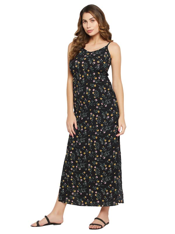Clovia Women'S Crepe Pretty Florals Resort Wear Dress (Rw0069P13_Black_S)