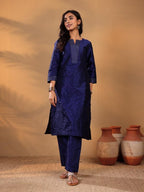Varanga Women'S Navy Blue Ethnic Kurta Set ??Straight Fit Dobby Textured Kurta With Zari Couching & Calf-Length Trouser