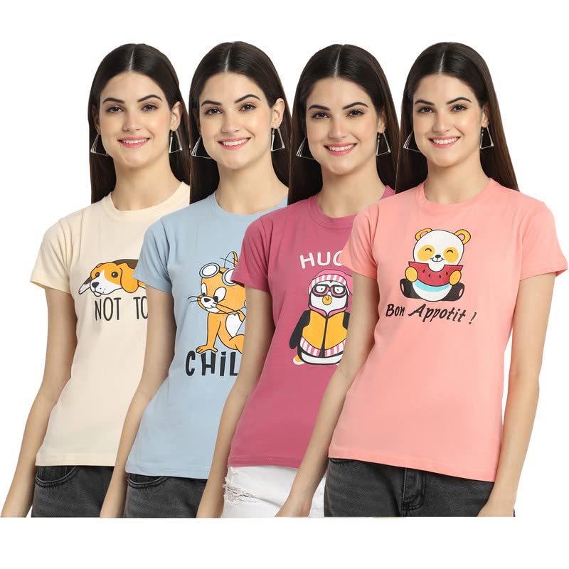 Preneum Womens Cotton Regular Fit Latest Graphic Stylish Printed Short Sleeves Casual T-Shirt || Latest Trendy & Styles (Pack 4