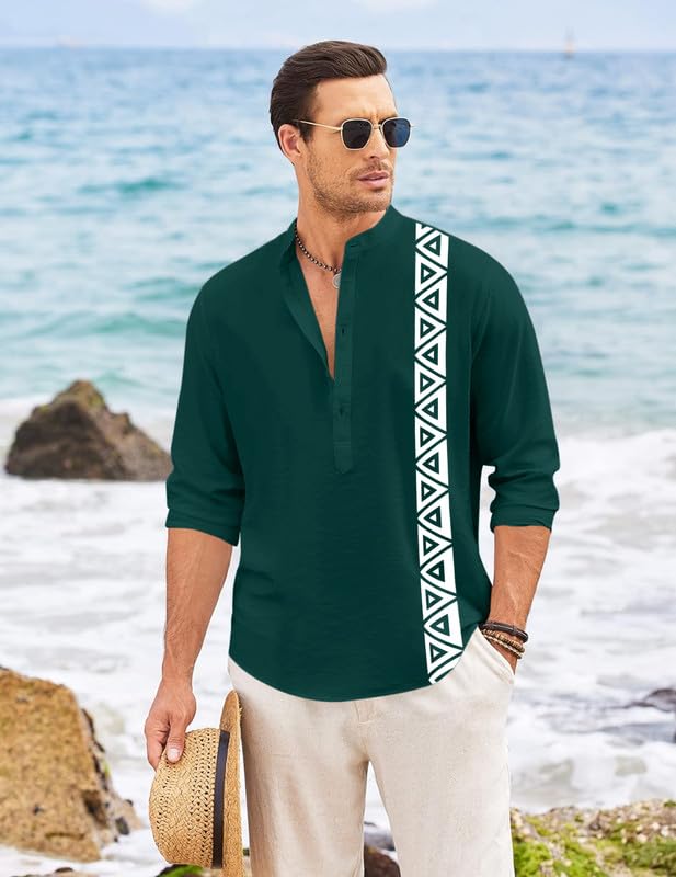 Finivo Fashion MenS Short Kurta With Printed Geometric Side Panel | Cotton Blend Full Sleeve Ethnic Topwear With Mandarin Collar