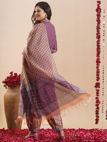 ANNI DESIGNER Womens Rayon Blend Straight Printed Kurta with Pant & Dupatta (JAAFERI PURPLE-VKS02_XL_Purple_X-Large)