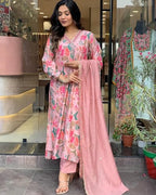 ANNI DESIGNER Womens Rayon Blend Printed Straight Kurta with Pant & Dupatta (Maslin-Multi_L_Peach_Large)
